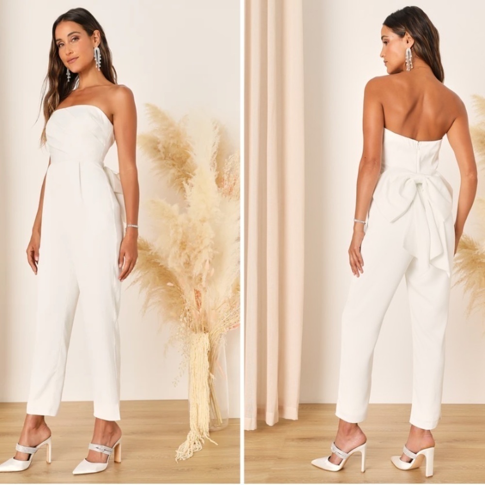 LULU's Wedding Bridal Shower Bachelorette HOneymoon Chic Satin Jumpsuit - Picture 3 of 6